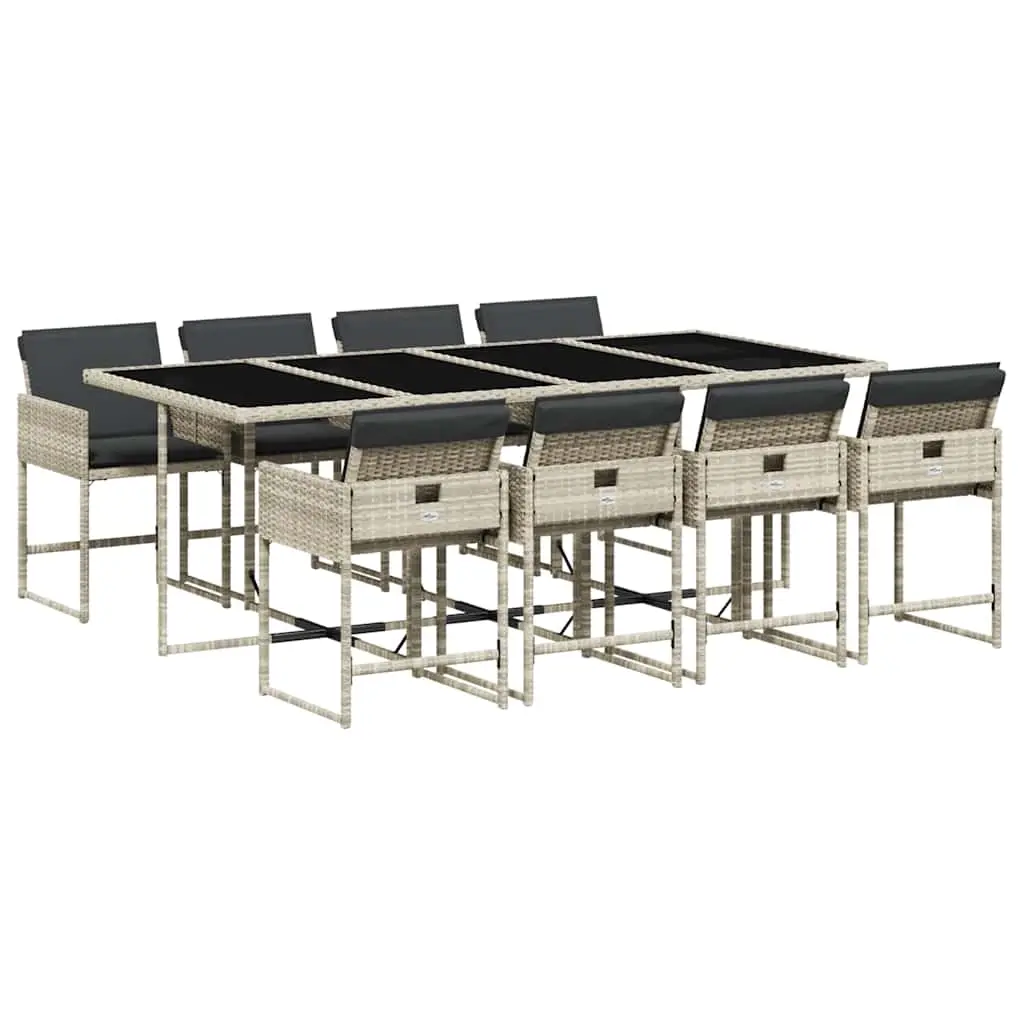 9 Piece Garden Dining Set with Cushions Light Grey Poly Rattan 3211283 - Furniture