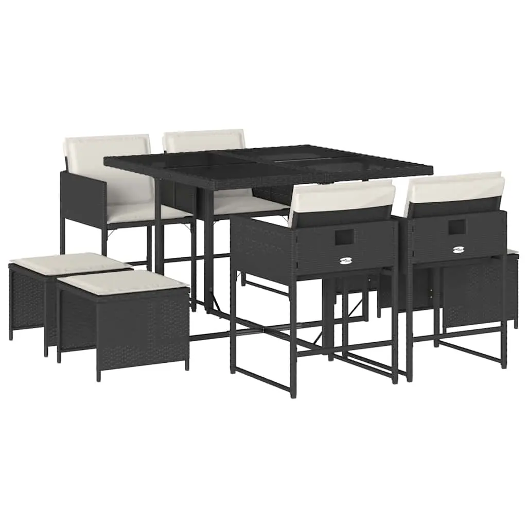 9 Piece Garden Dining Set with Cushions Black Poly Rattan 3211314 - Furniture
