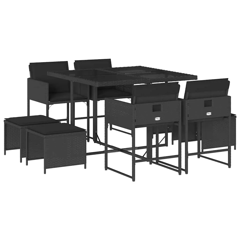 9 Piece Garden Dining Set with Cushions Black Poly Rattan 3211315 - Furniture