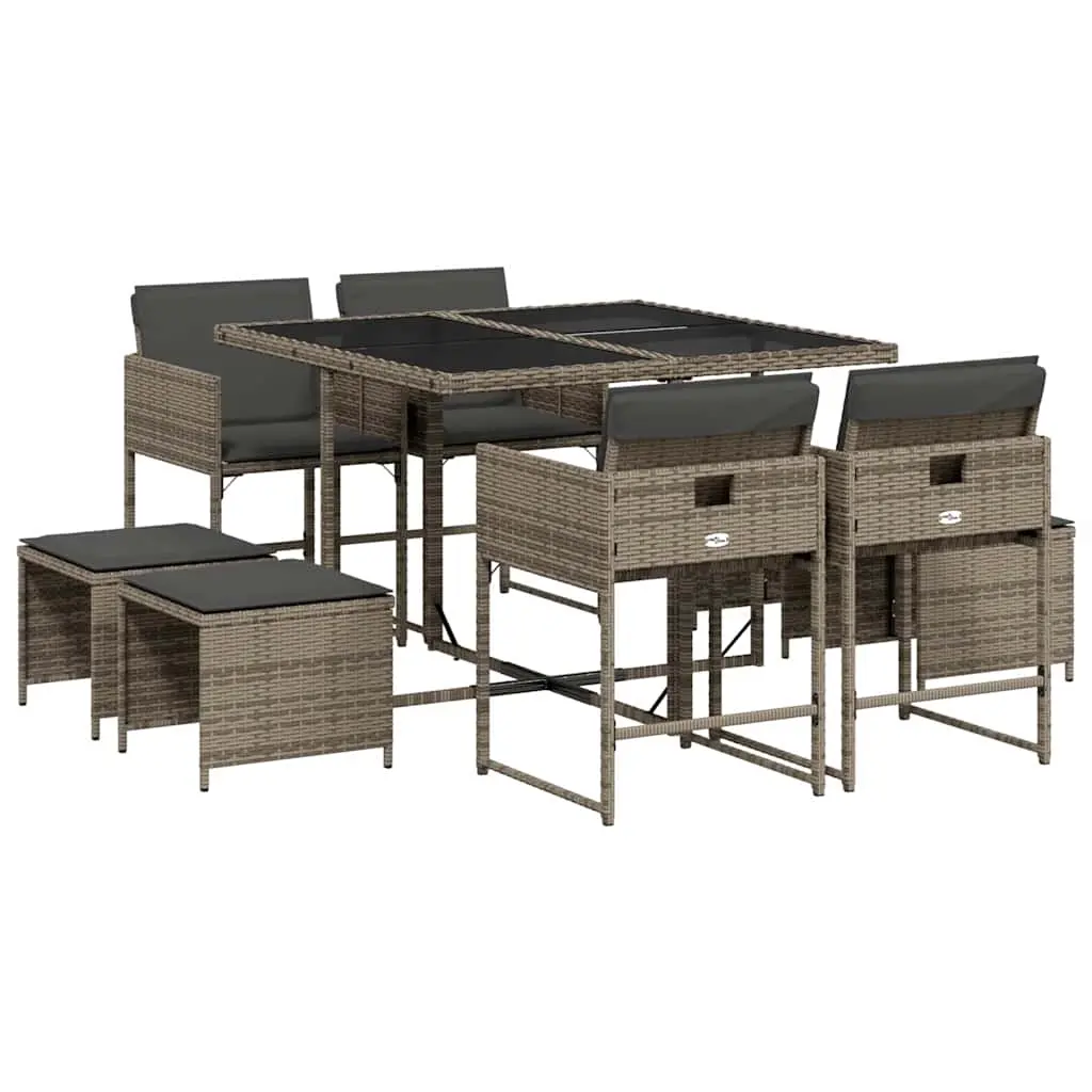 9 Piece Garden Dining Set with Cushions Grey Poly Rattan 3211316 - Furniture