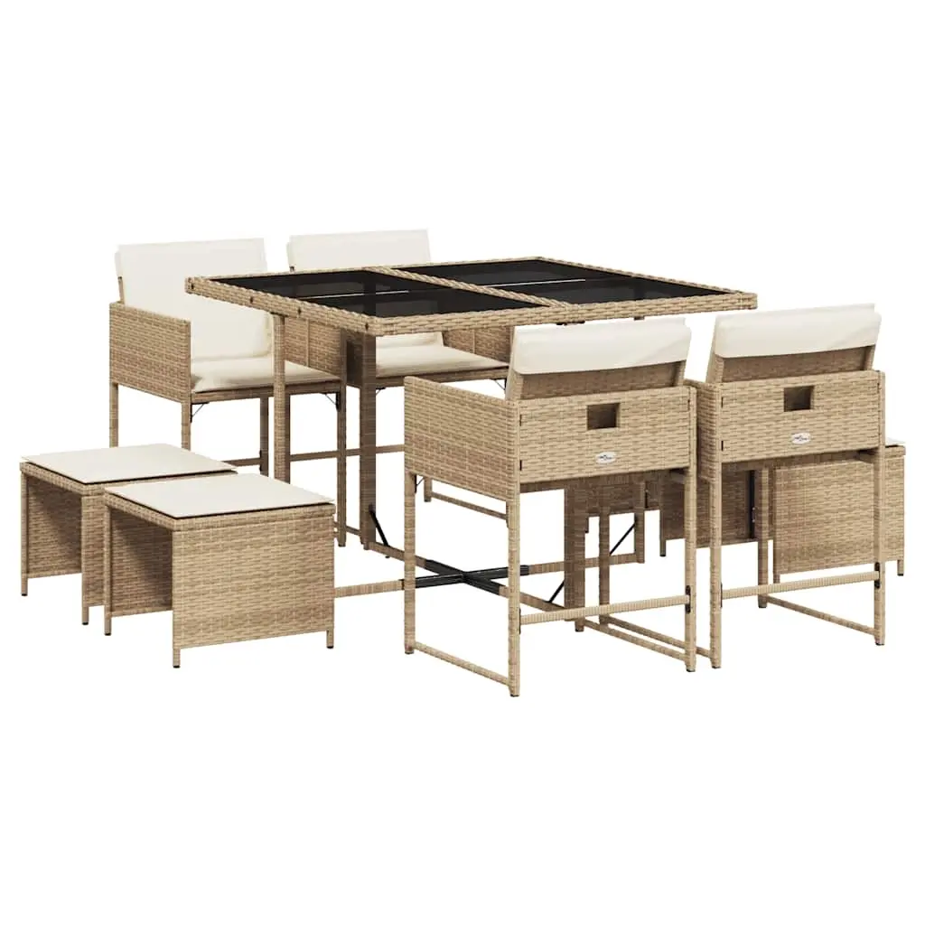 9 Piece Garden Dining Set with Cushions Beige Poly Rattan 3211318 - Furniture