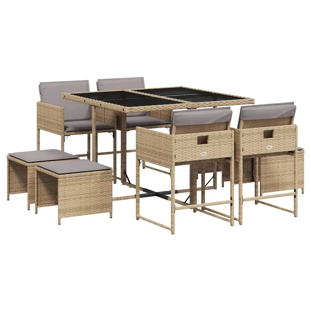 9 Piece Garden Dining Set with Cushions Mix Beige Poly Rattan 3211320 - Furniture