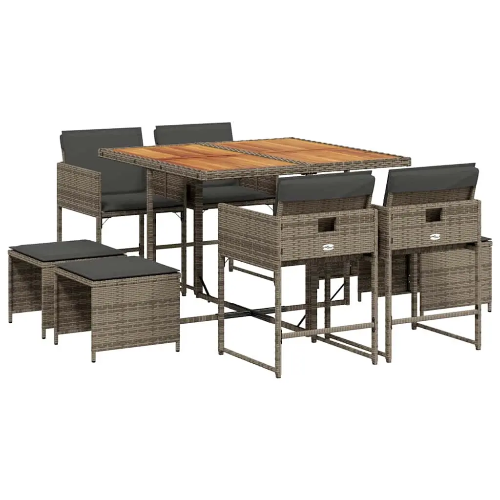 9 Piece Garden Dining Set with Cushions Grey Poly Rattan 3211322 - Furniture