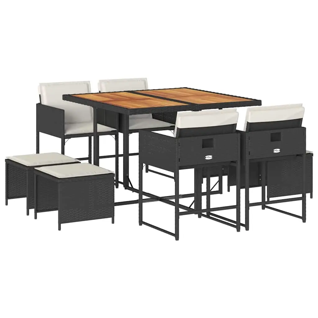 9 Piece Garden Dining Set with Cushions Black Poly Rattan 3211323 - Furniture