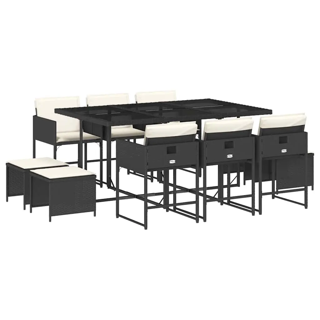 11 Piece Garden Dining Set with Cushions Black Poly Rattan 3211326 - Furniture