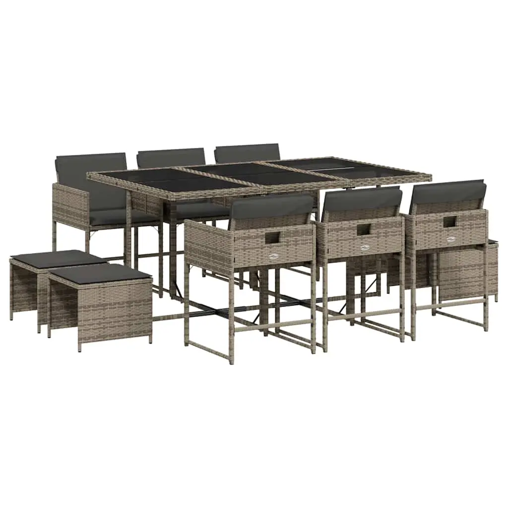 11 Piece Garden Dining Set with Cushions Grey Poly Rattan 3211328 - Furniture