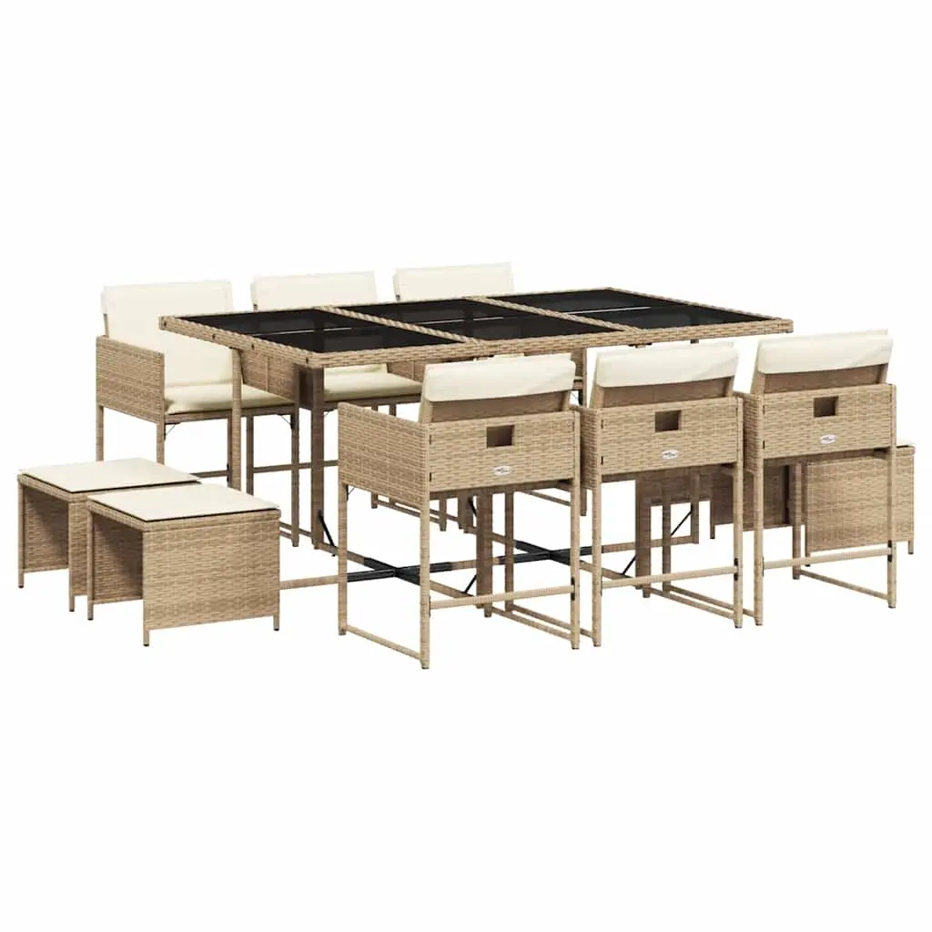 11 Piece Garden Dining Set with Cushions Beige Poly Rattan 3211330 - Furniture