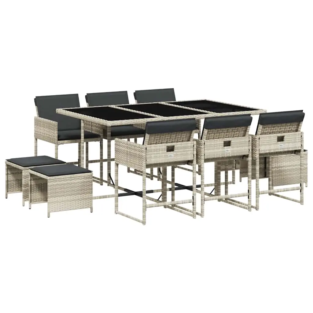 11 Piece Garden Dining Set with Cushions Light Grey Poly Rattan 3211331 - Furniture