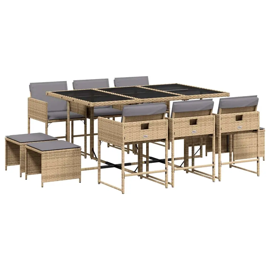 11 Piece Garden Dining Set with Cushions Mix Beige Poly Rattan 3211332 - Furniture