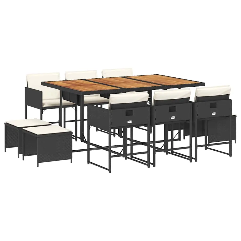 11 Piece Garden Dining Set with Cushions Black Poly Rattan 3211335 - Furniture