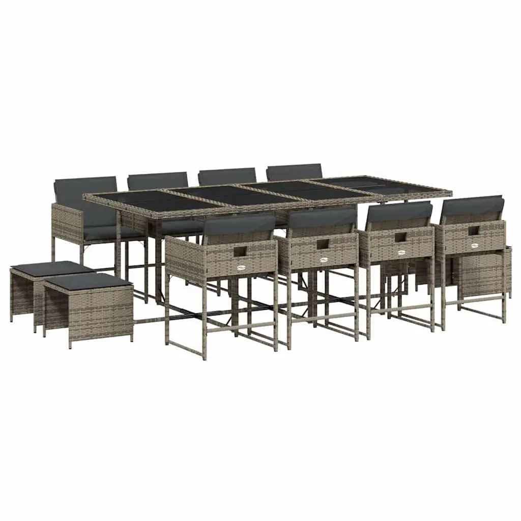 13 Piece Garden Dining Set with Cushions Grey Poly Rattan 3211340 - Furniture