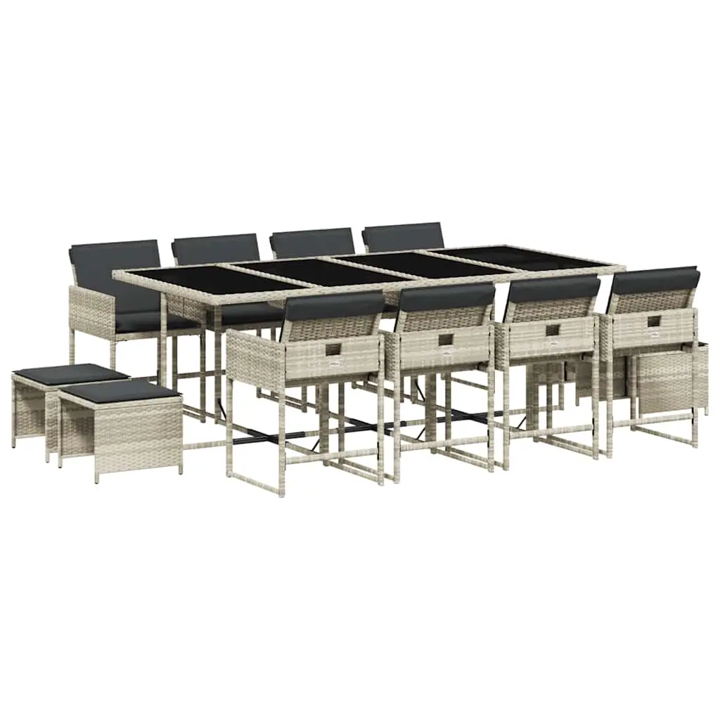 13 Piece Garden Dining Set with Cushions Light Grey Poly Rattan 3211343 - Furniture