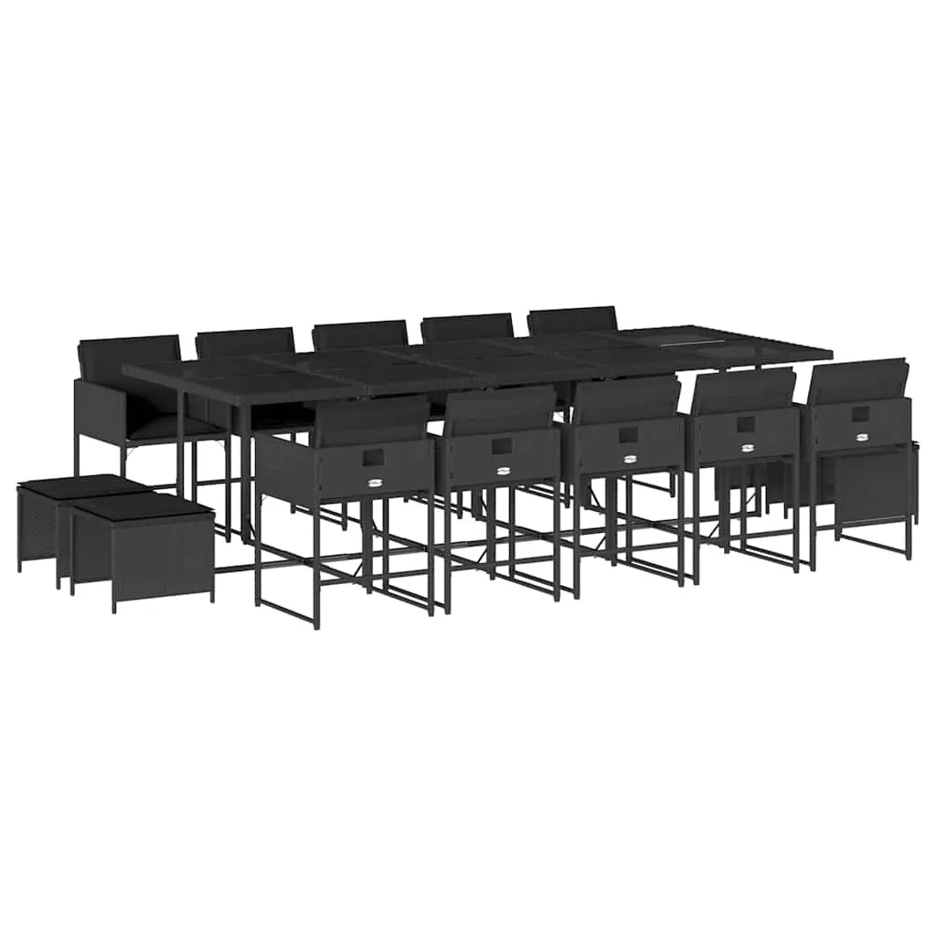 15 Piece Garden Dining Set with Cushions Black Poly Rattan 3211351 - Furniture