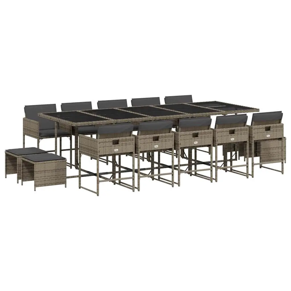 15 Piece Garden Dining Set with Cushions Grey Poly Rattan 3211352 - Furniture