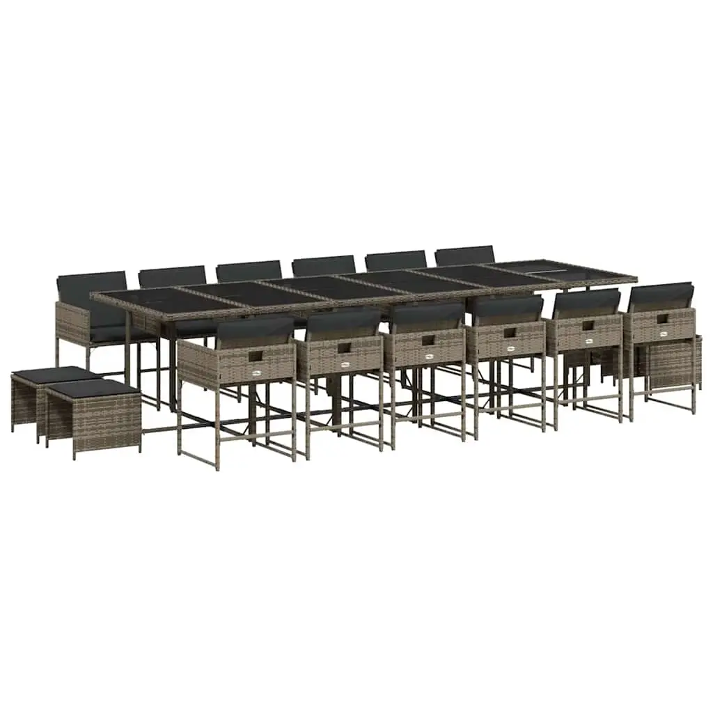 17 Piece Garden Dining Set with Cushions Grey Poly Rattan 3211364 - Furniture