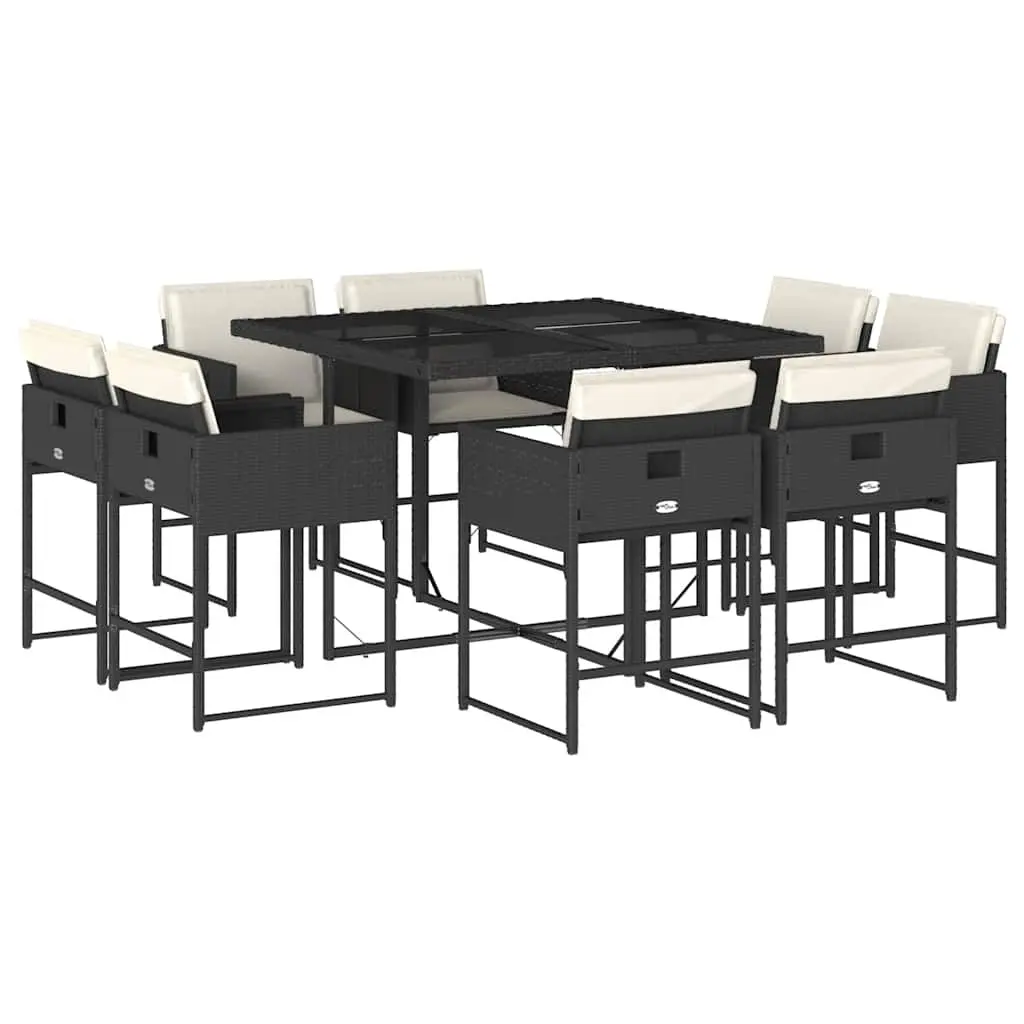 9 Piece Garden Dining Set with Cushions Black Poly Rattan 3211374 - Furniture