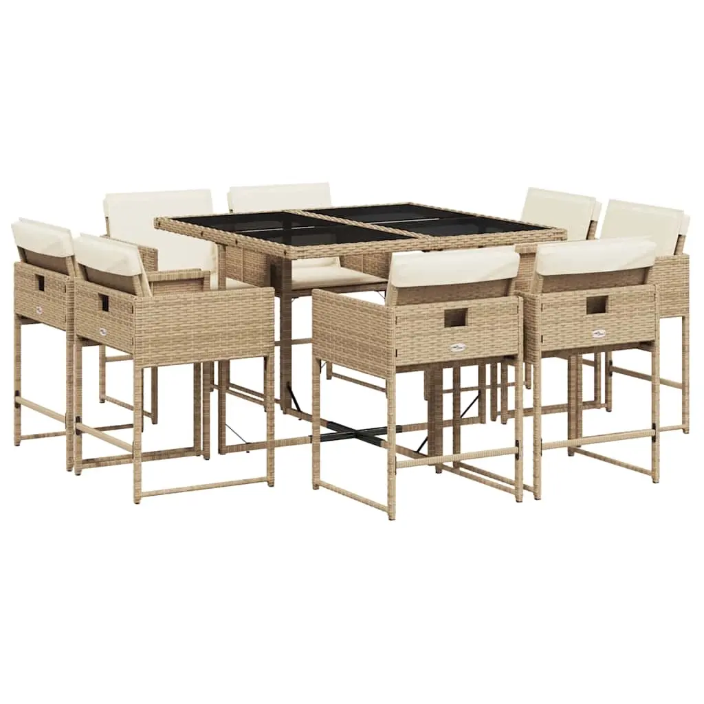 9 Piece Garden Dining Set with Cushions Beige Poly Rattan 3211378 - Furniture