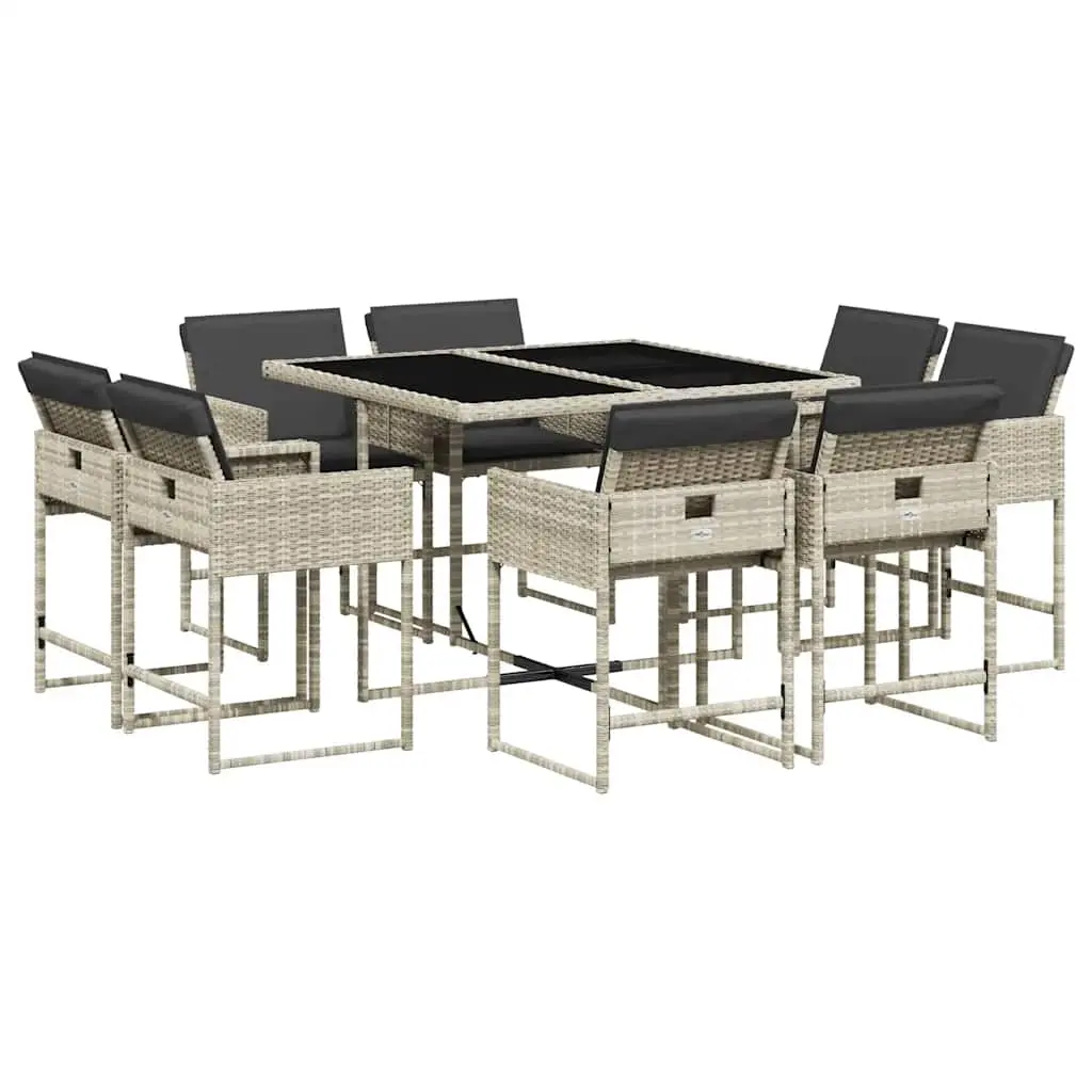 9 Piece Garden Dining Set with Cushions Light Grey Poly Rattan 3211379 - Furniture