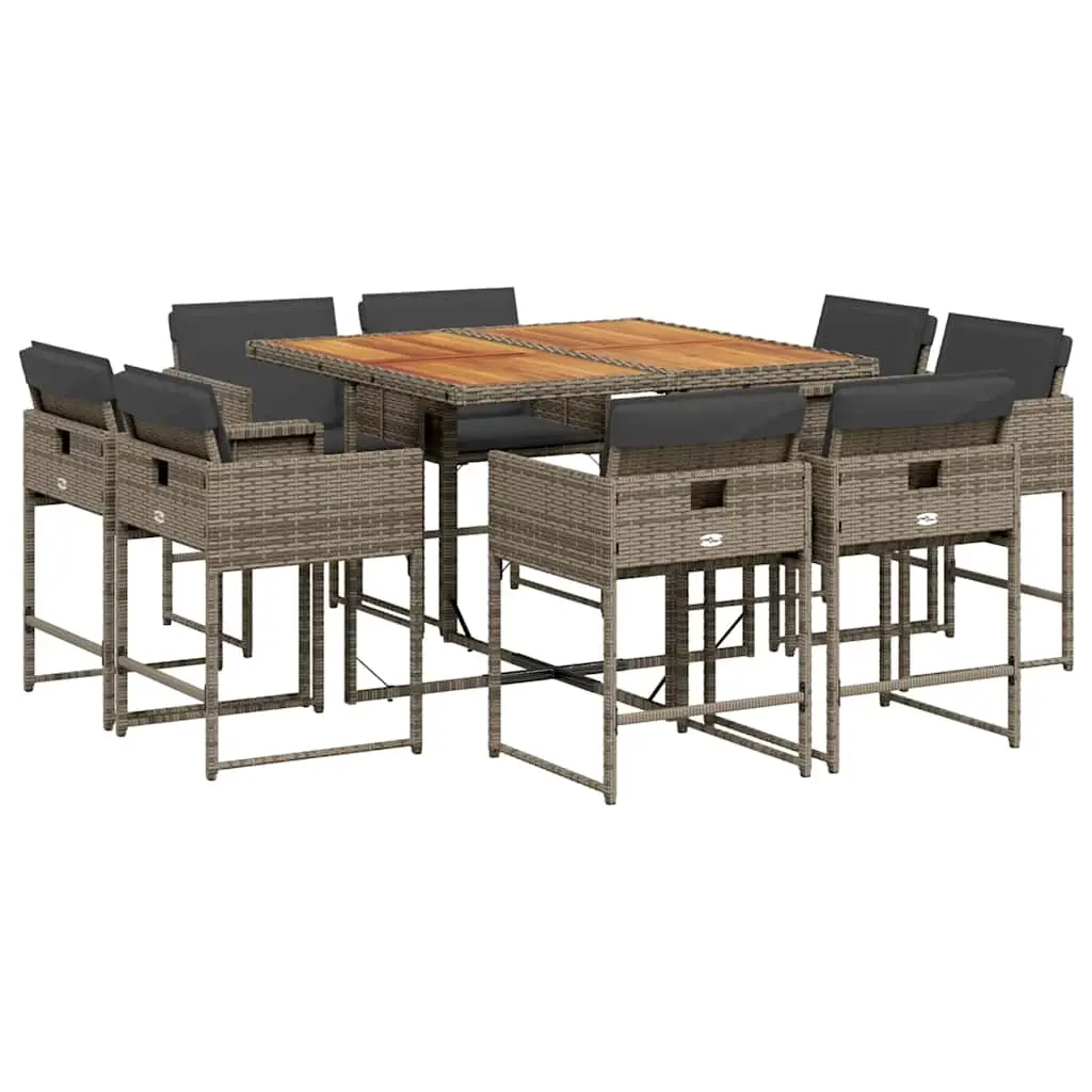 9 Piece Garden Dining Set with Cushions Grey Poly Rattan 3211382 - Furniture