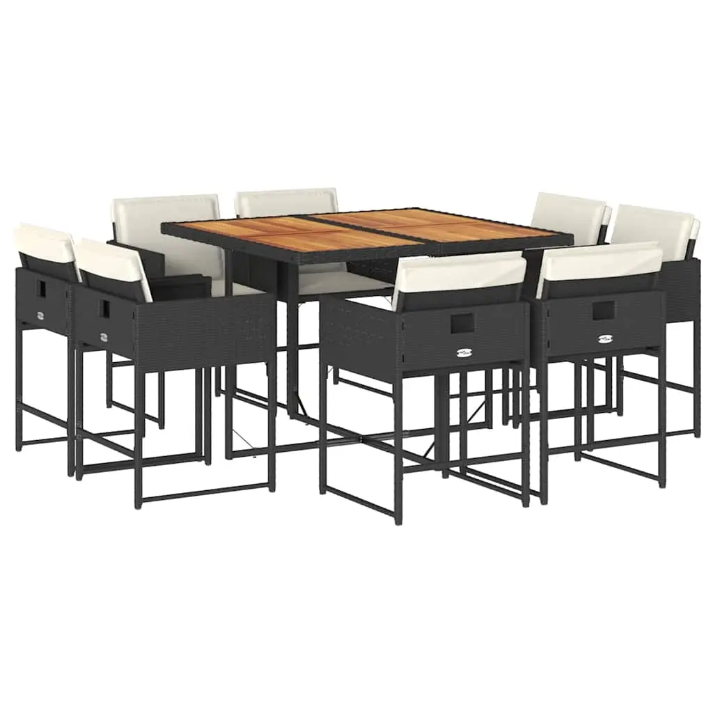 9 Piece Garden Dining Set with Cushions Black Poly Rattan 3211383 - Furniture