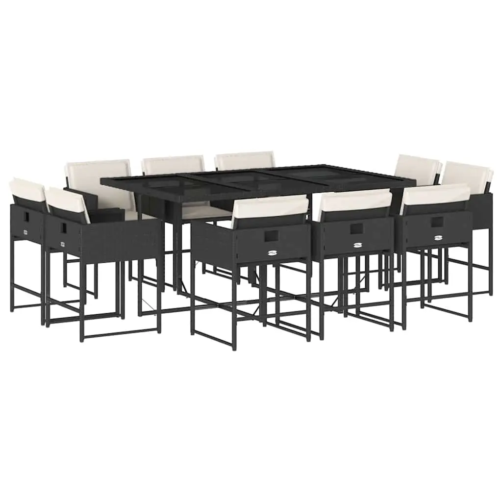 11 Piece Garden Dining Set with Cushions Black Poly Rattan 3211386 - Furniture