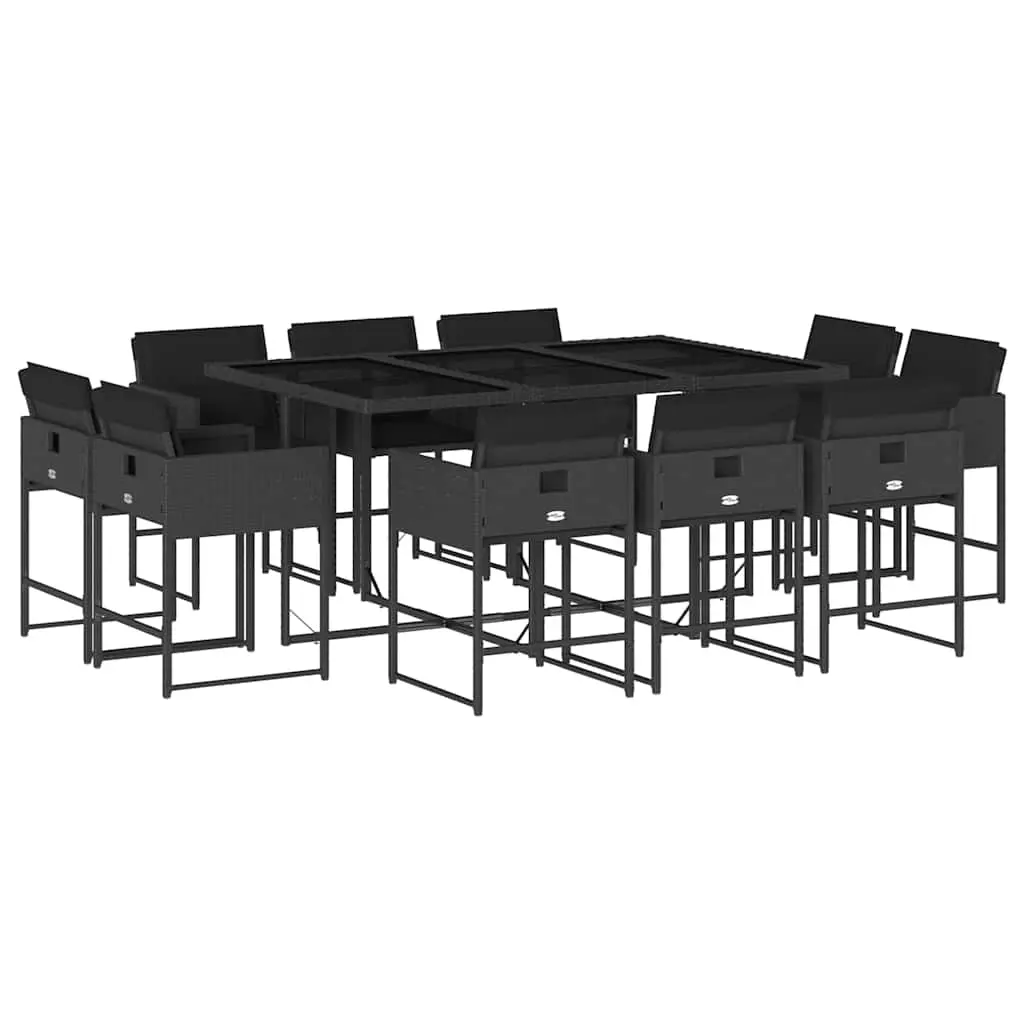 11 Piece Garden Dining Set with Cushions Black Poly Rattan 3211387 - Furniture