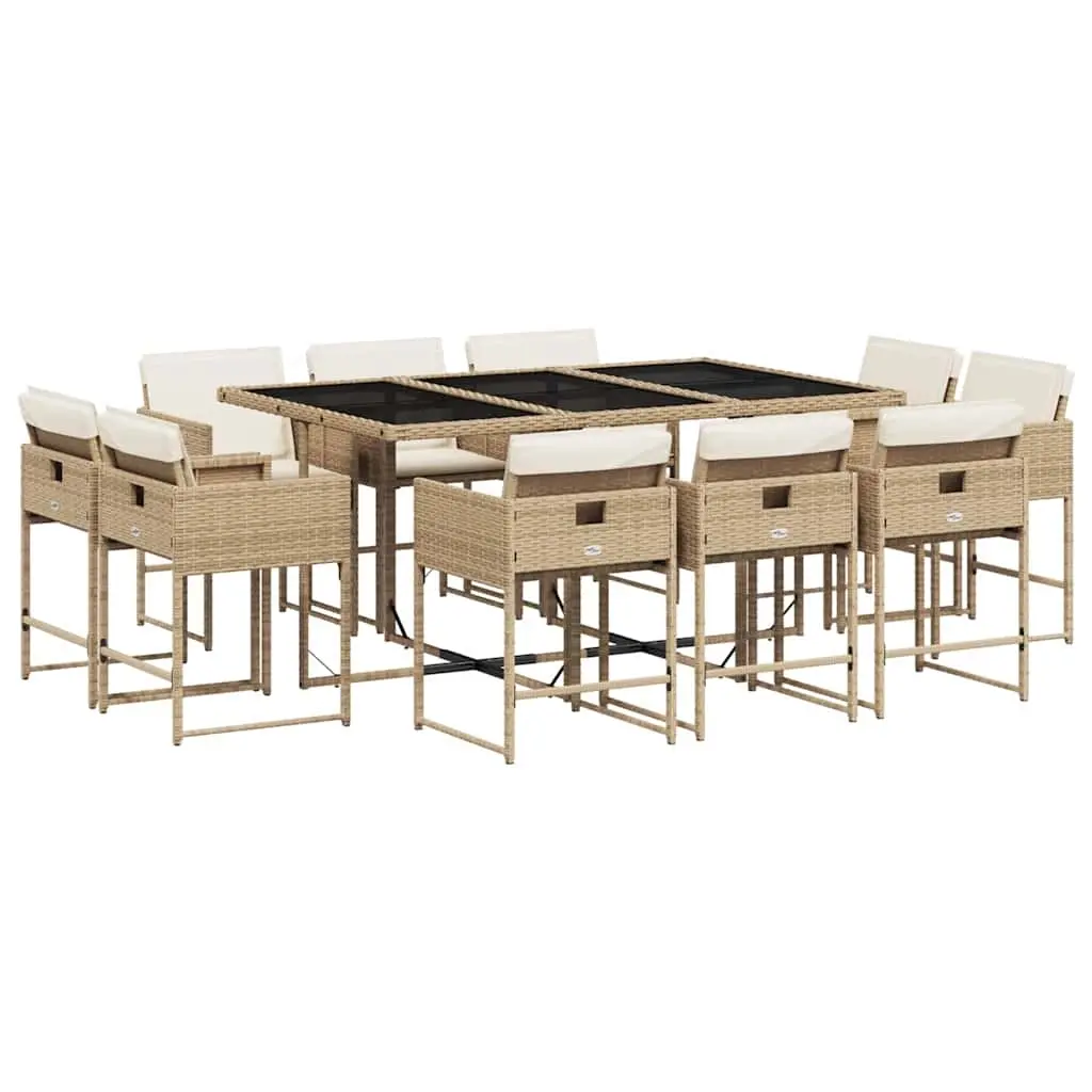 11 Piece Garden Dining Set with Cushions Beige Poly Rattan 3211390 - Furniture