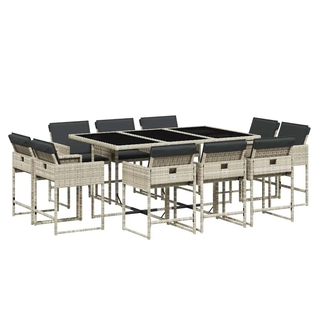 11 Piece Garden Dining Set with Cushions Light Grey Poly Rattan 3211391 - Furniture