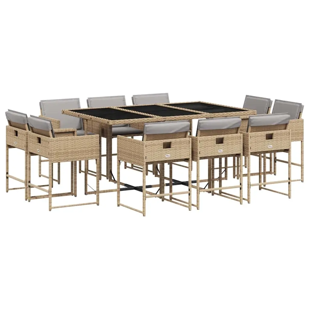 11 Piece Garden Dining Set with Cushions Mix Beige Poly Rattan 3211392 - Furniture