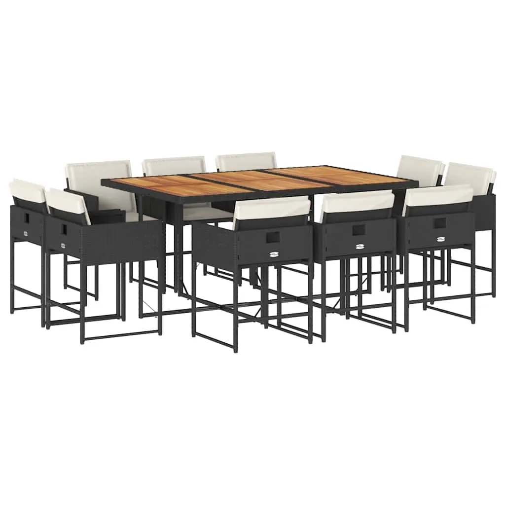 11 Piece Garden Dining Set with Cushions Black Poly Rattan 3211395 - Furniture