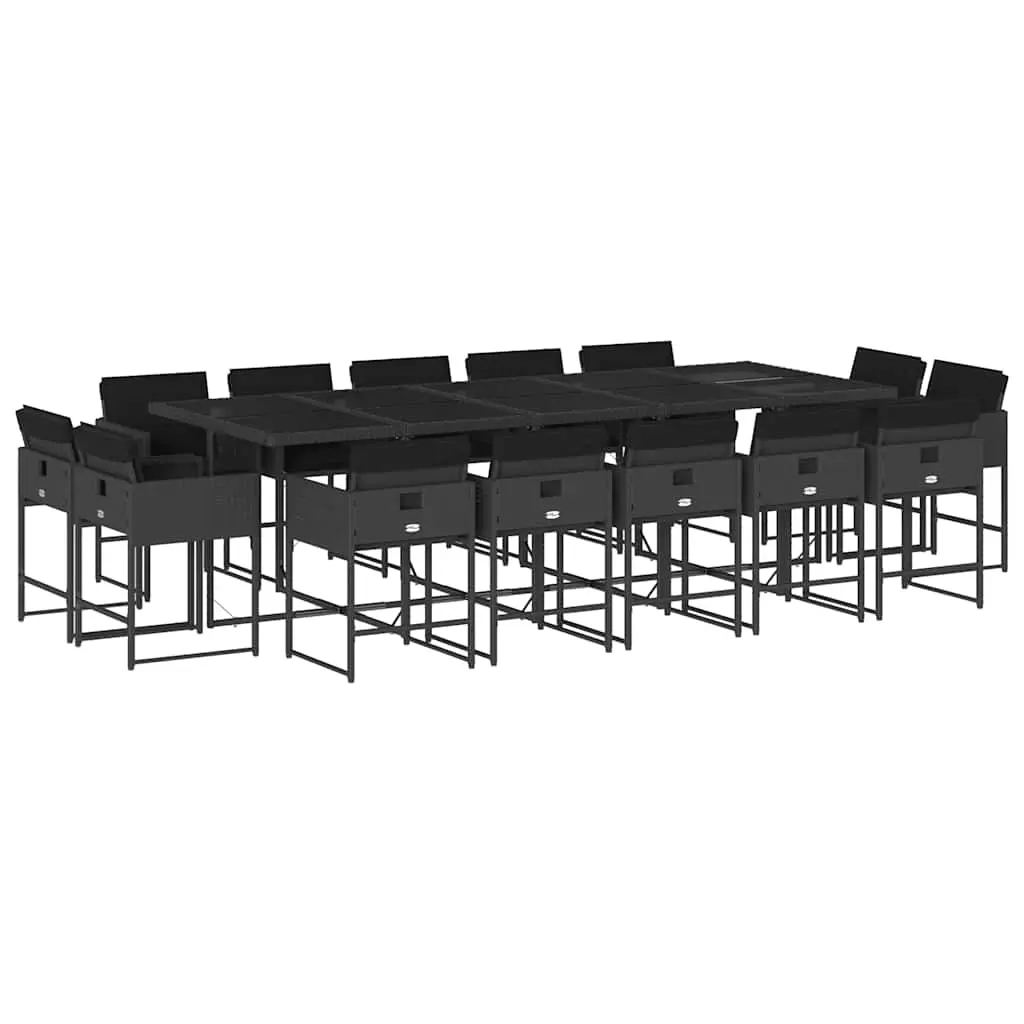 15 Piece Garden Dining Set with Cushions Black Poly Rattan 3211411 - Furniture