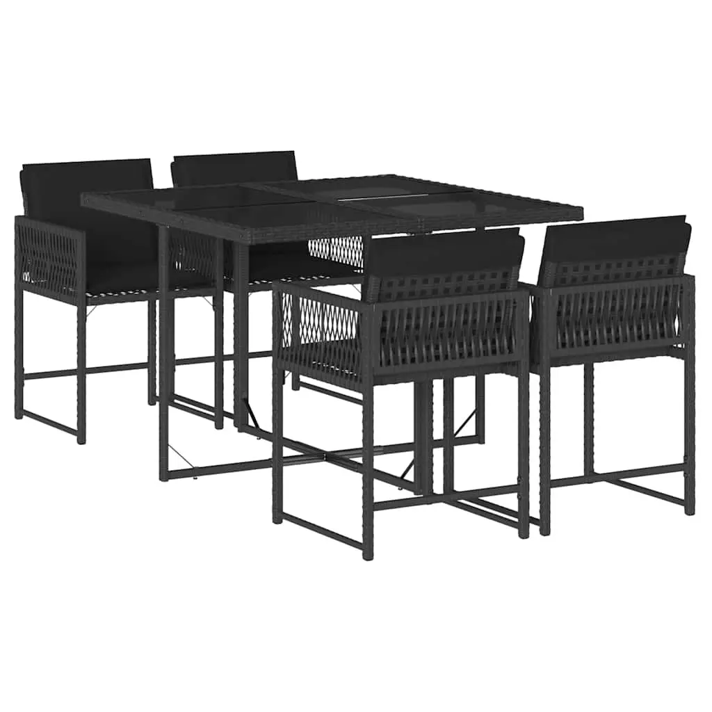5 Piece Garden Dining Set with Cushions Black Poly Rattan 3211435 - Furniture