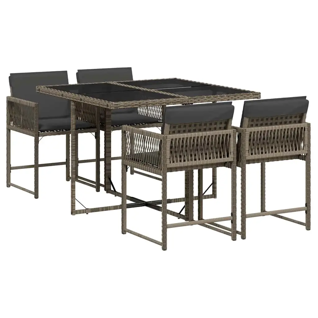 5 Piece Garden Dining Set with Cushions Grey Poly Rattan 3211436 - Furniture