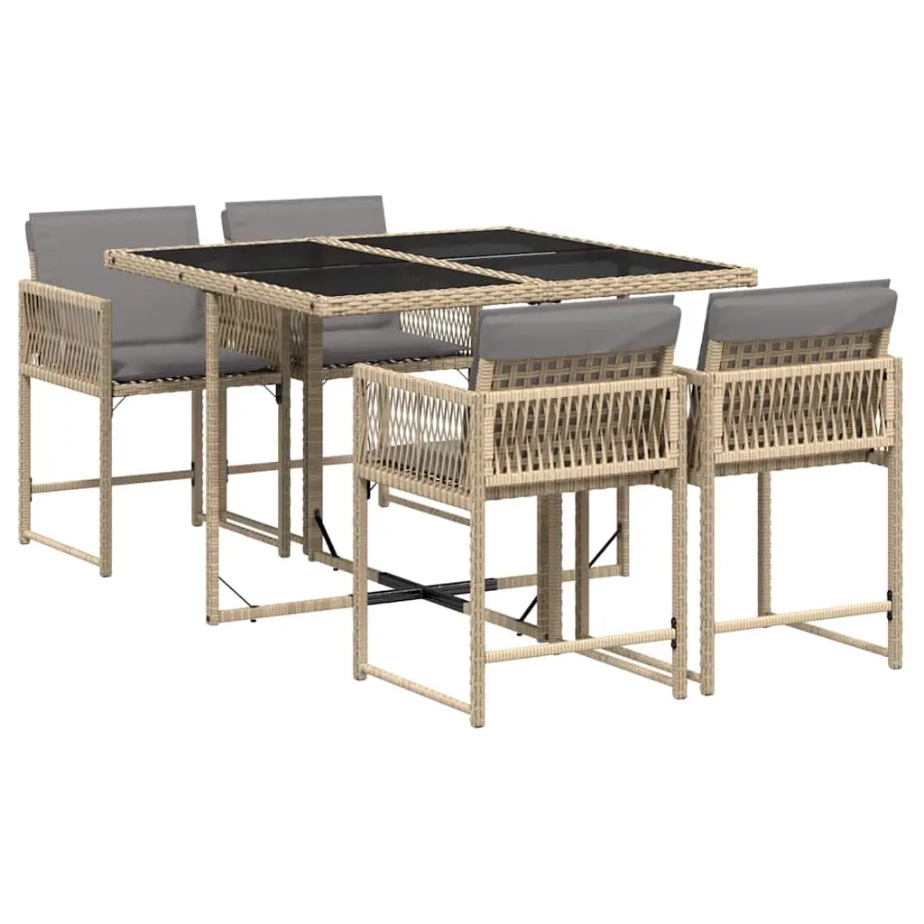 5 Piece Garden Dining Set with Cushions Mix Beige Poly Rattan 3211440 - Furniture