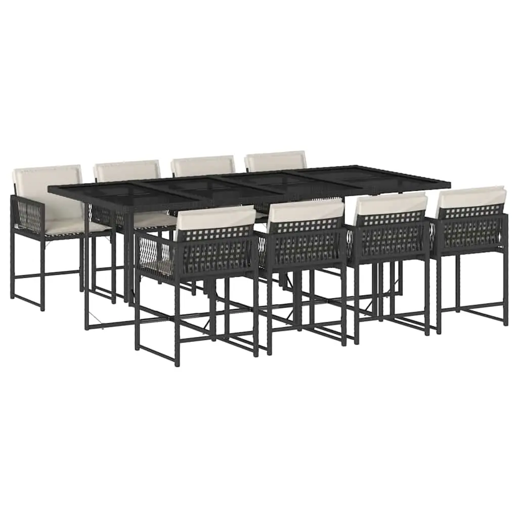 9 Piece Garden Dining Set with Cushions Black Poly Rattan 3211458 - Furniture