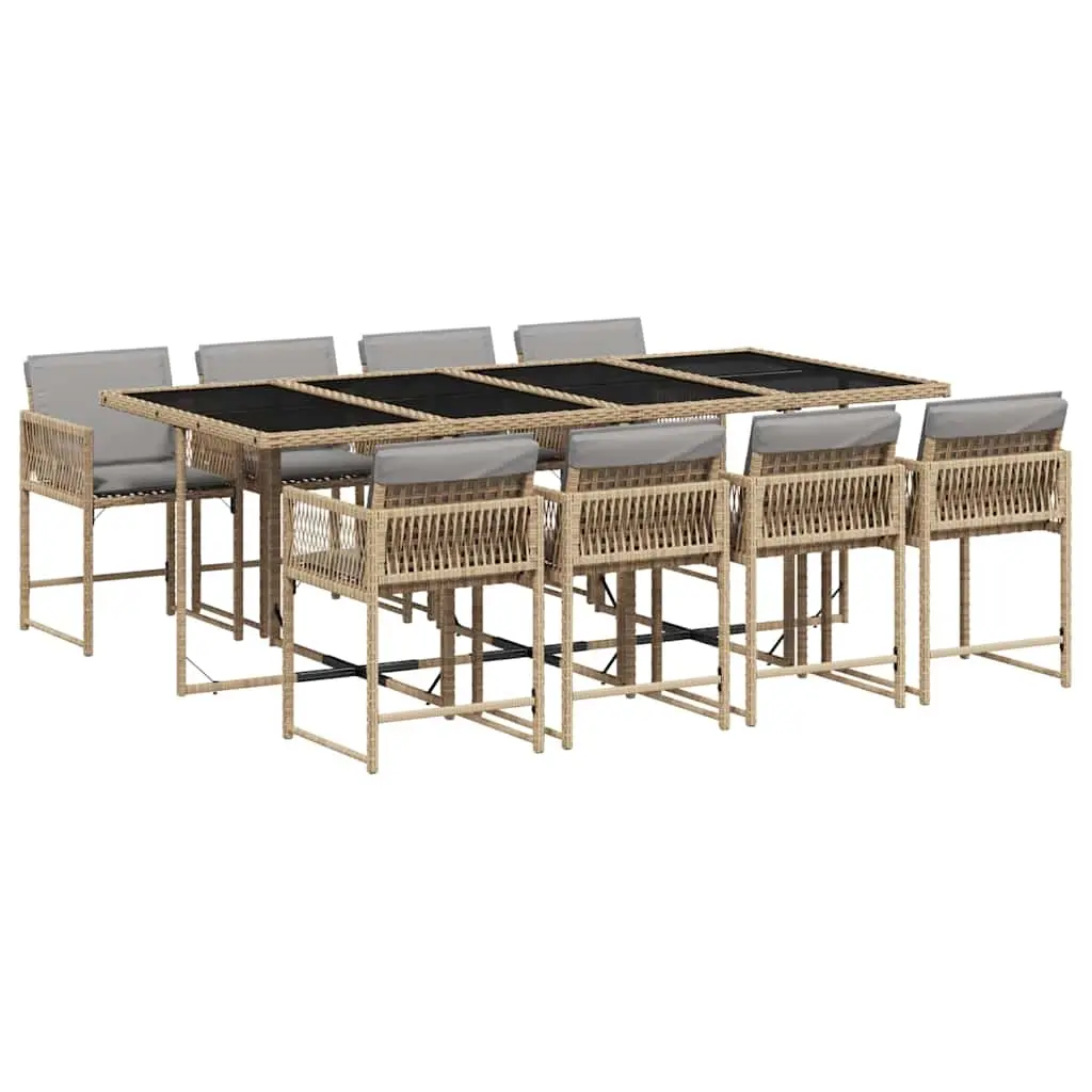 9 Piece Garden Dining Set with Cushions Mix Beige Poly Rattan 3211464 - Furniture
