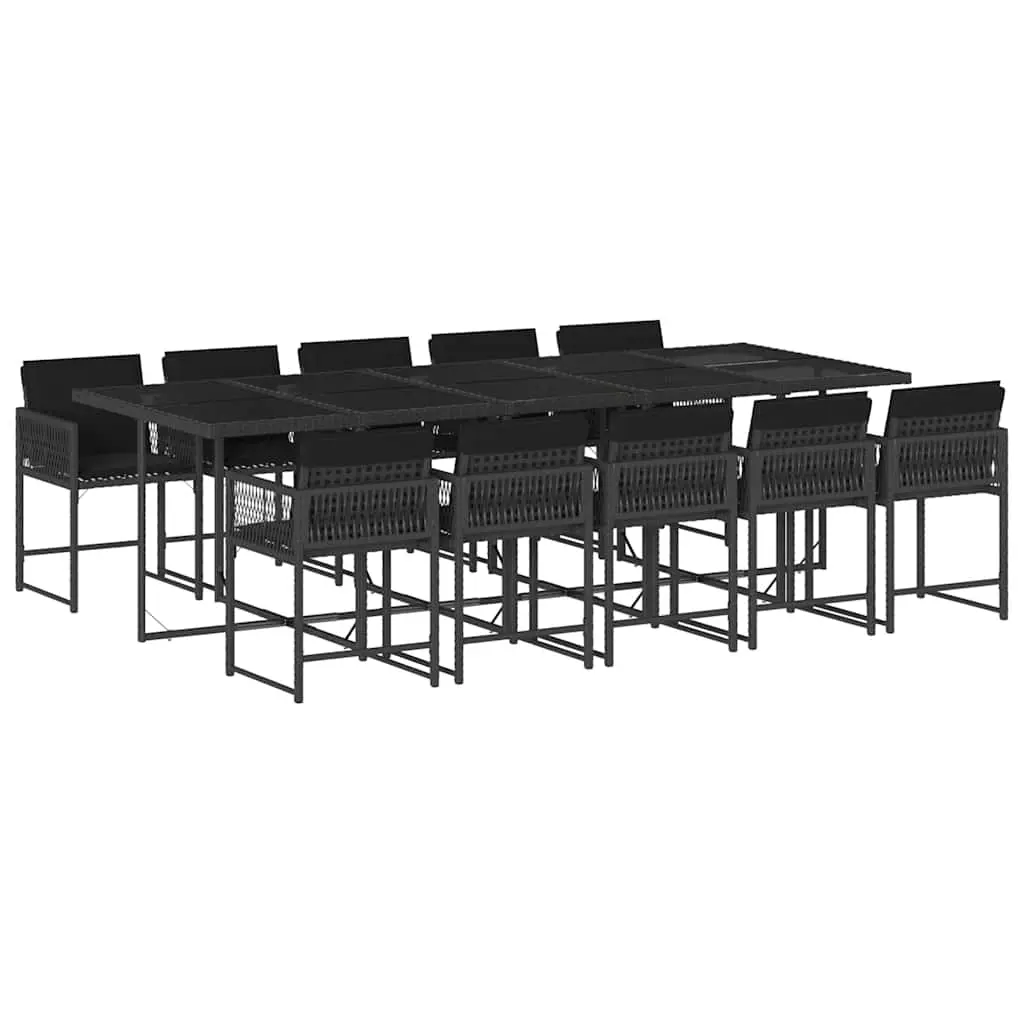 11 Piece Garden Dining Set with Cushions Black Poly Rattan 3211471 - Furniture