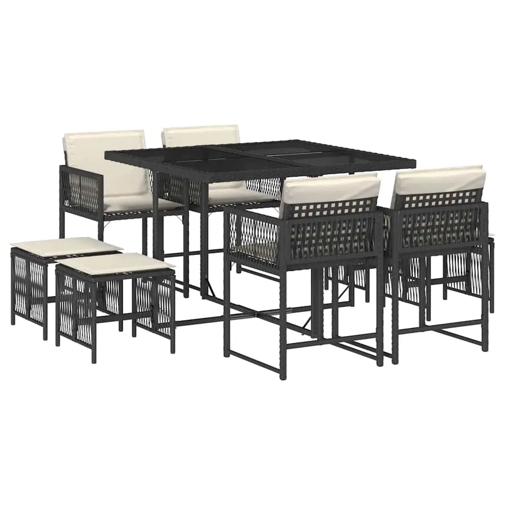 9 Piece Garden Dining Set with Cushions Black Poly Rattan 3211494 - Furniture