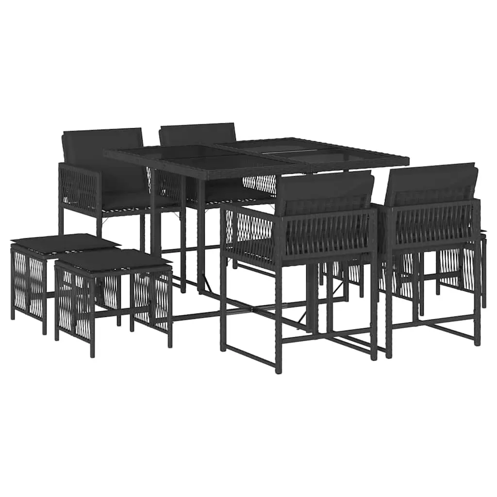 9 Piece Garden Dining Set with Cushions Black Poly Rattan 3211495 - Furniture