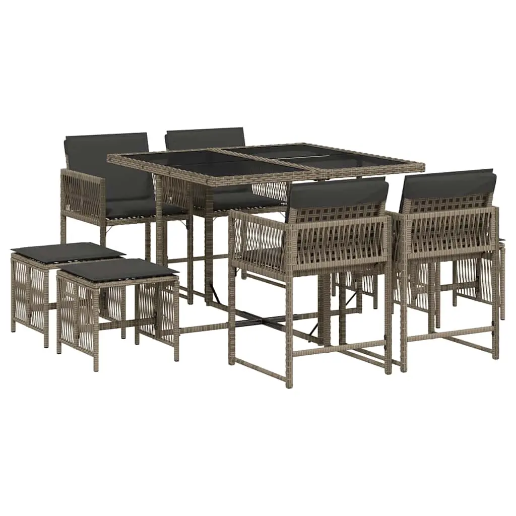 9 Piece Garden Dining Set with Cushions Grey Poly Rattan 3211496 - Furniture