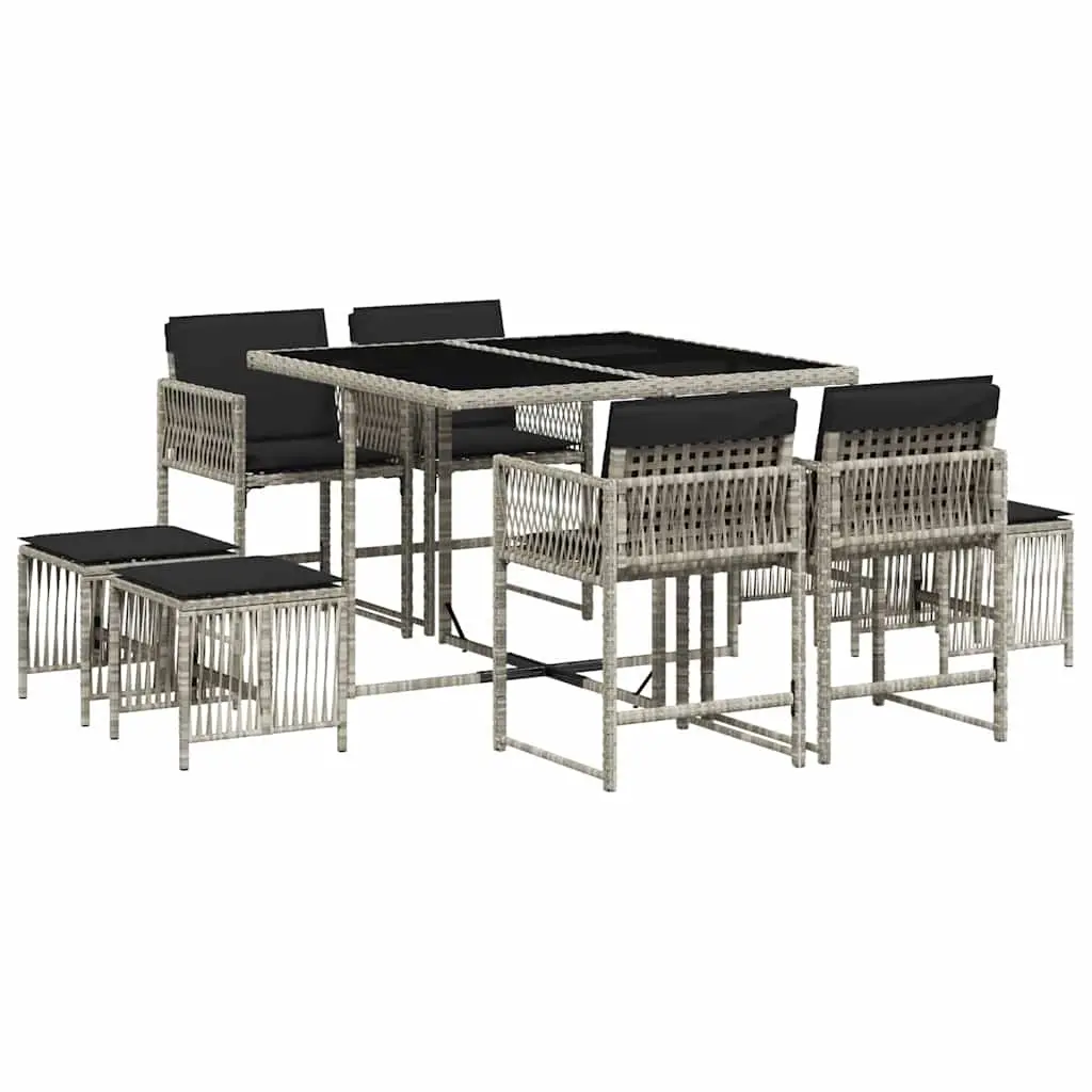 9 Piece Garden Dining Set with Cushions Light Grey Poly Rattan 3211499 - Furniture