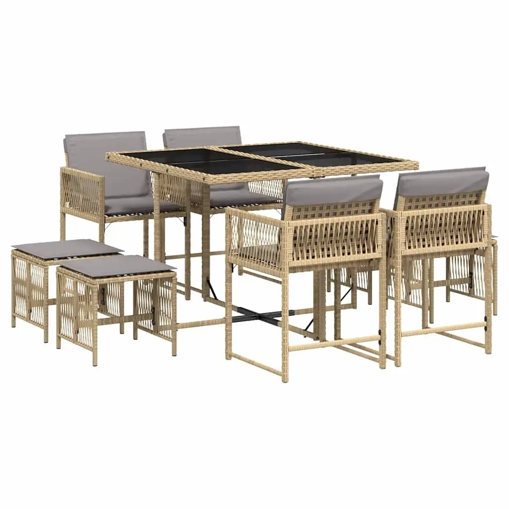 9 Piece Garden Dining Set with Cushions Mix Beige Poly Rattan 3211500 - Furniture