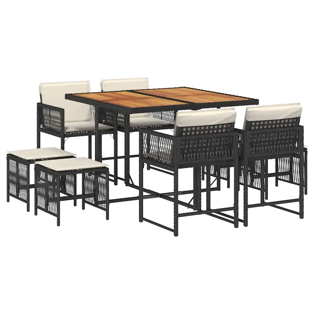 9 Piece Garden Dining Set with Cushions Black Poly Rattan 3211503 - Furniture
