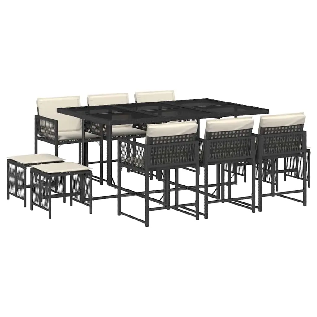 11 Piece Garden Dining Set with Cushions Black Poly Rattan 3211506 - Furniture