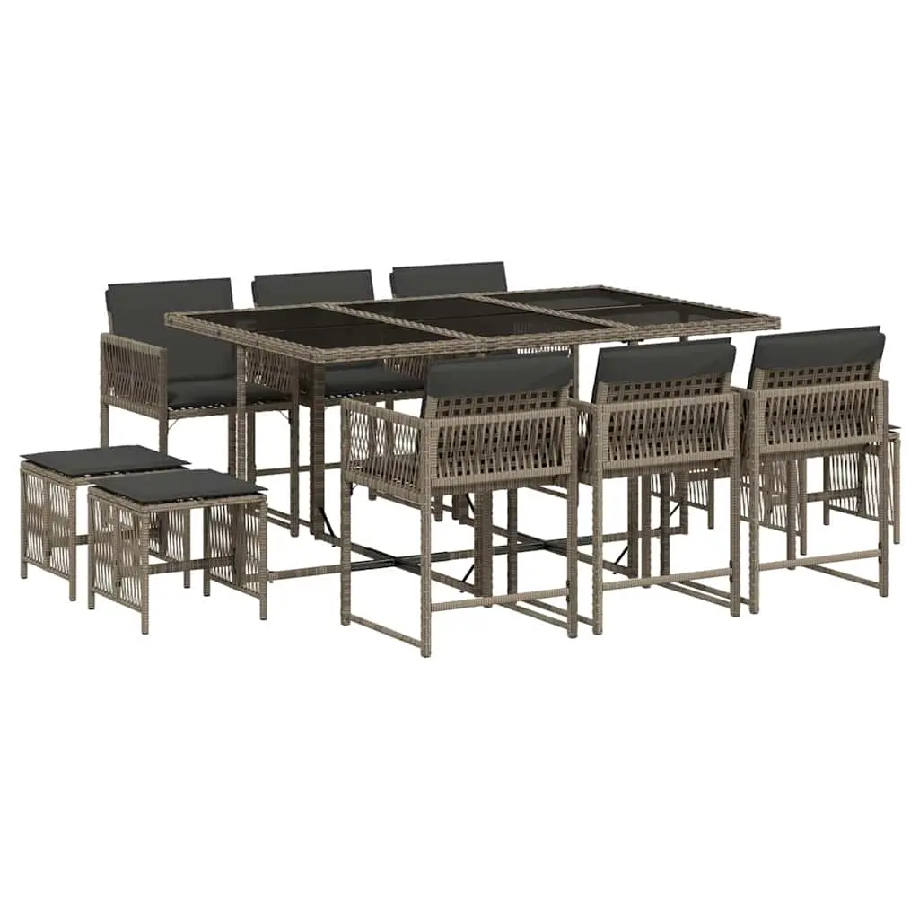 11 Piece Garden Dining Set with Cushions Grey Poly Rattan 3211508 - Furniture