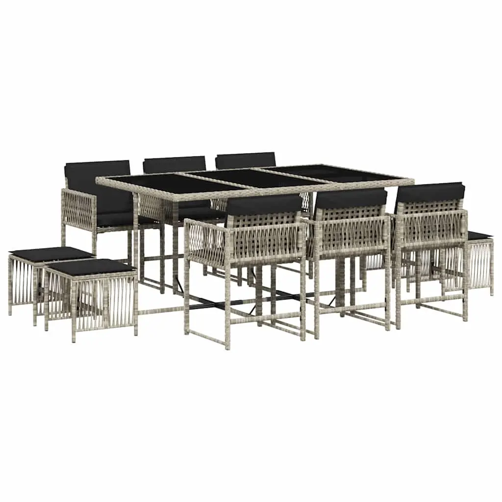 11 Piece Garden Dining Set with Cushions Light Grey Poly Rattan 3211511 - Furniture