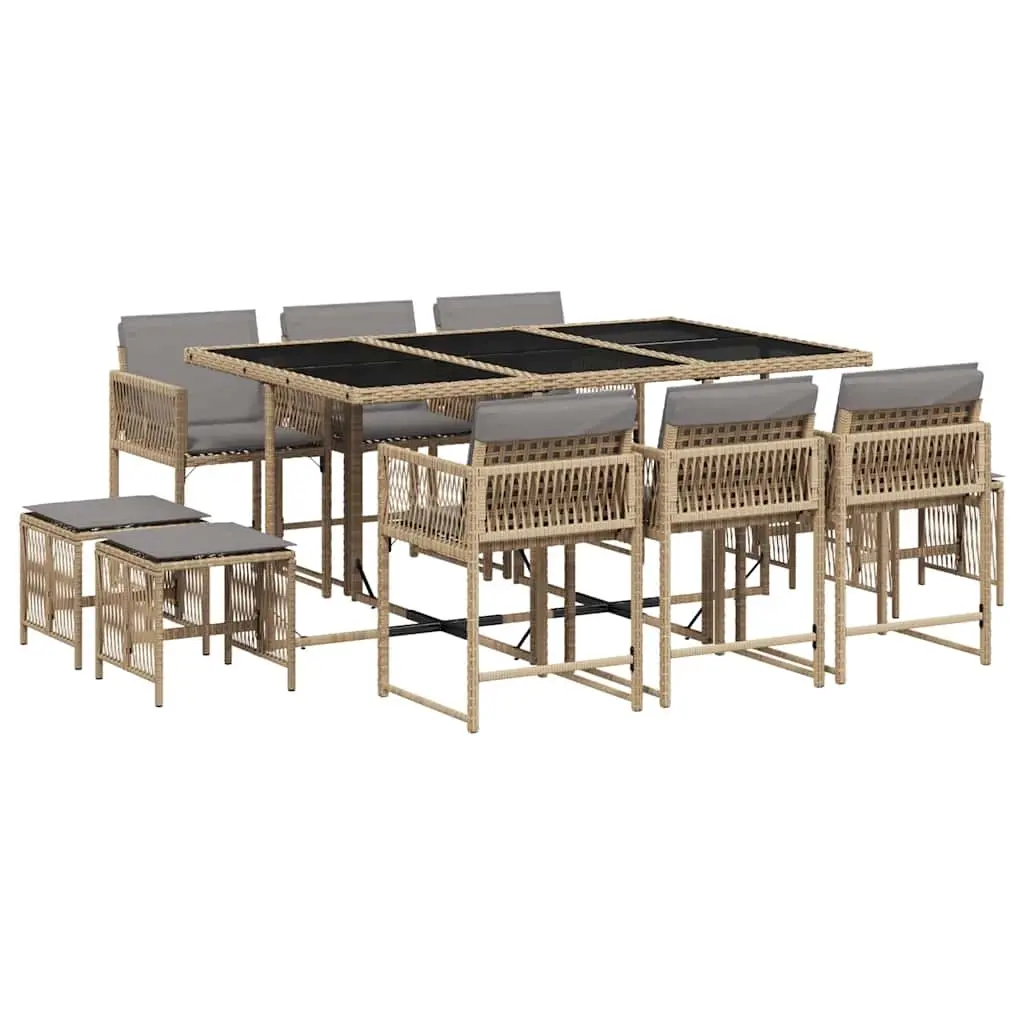 11 Piece Garden Dining Set with Cushions Mix Beige Poly Rattan 3211512 - Furniture