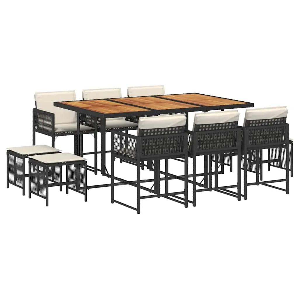 11 Piece Garden Dining Set with Cushions Black Poly Rattan 3211515 - Furniture
