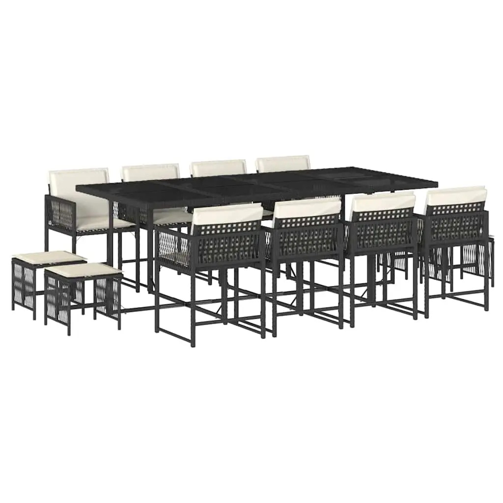 13 Piece Garden Dining Set with Cushions Black Poly Rattan 3211518 - Furniture