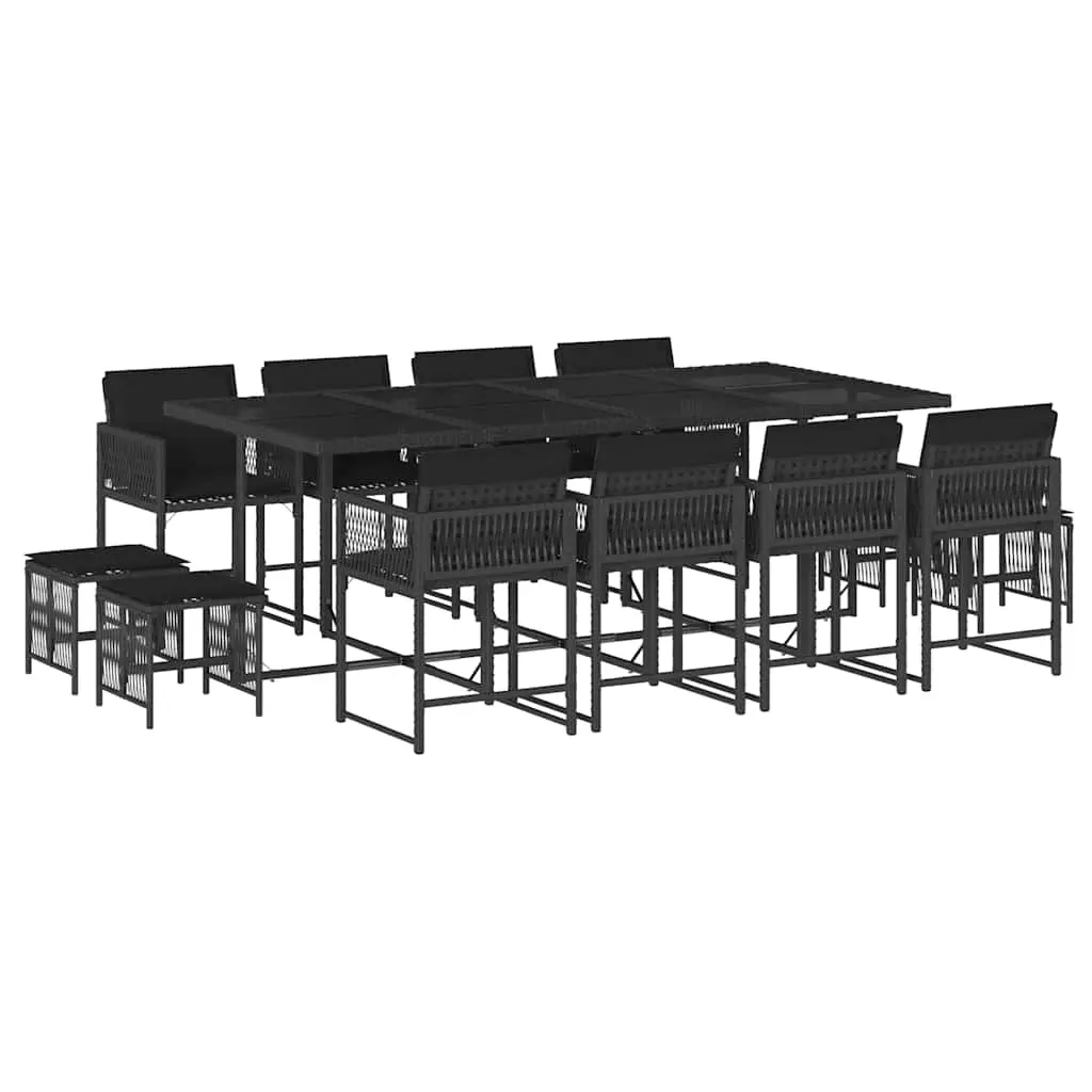 13 Piece Garden Dining Set with Cushions Black Poly Rattan 3211519 - Furniture